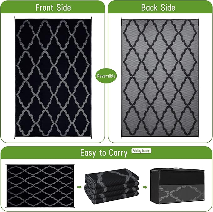 Easy-Going Reversible Outdoor Rugs 5x8ft Waterproof Plastic Straw Rug Stain & UV Resistant Floor Mat for Patio Porch RV Backyard Pool Deck Picnic Beach Trailer Camping (Moroccan Black & Grey)