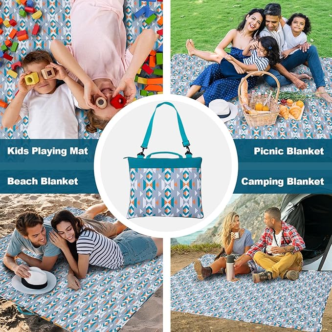 Picnic Blankets Extra Large, Waterproof Sandproof Packable Outdoor Beach Blanket Oversized 73x59”, 3-Layer Picnic Mat for Camping Hiking Travel Park with Easy-Carrying Tote Bag (Colorful Boho)