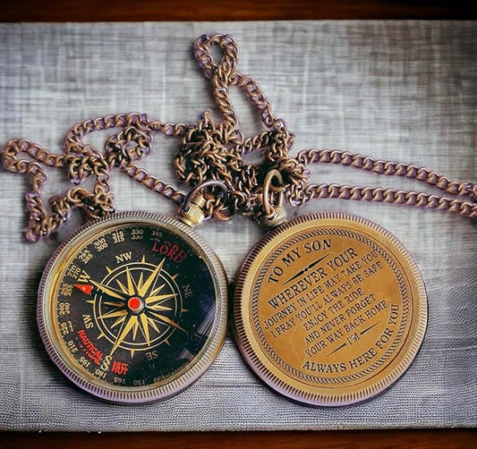 to My Son The Golden Compass for Hiking Backpacking- Orienteering Compass with Leather Carry Case, Chain & Engraved Slogan - Kids Compass for Map Reading Camping Hunting and Outdoor Activities