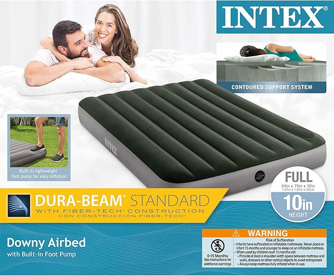 Intex 64762E Dura-Beam Standard Downy Air Mattress: Fiber-Tech – Full Size – Built-in Foot Pump – 10in Bed Height – 600lb Weight Capacity