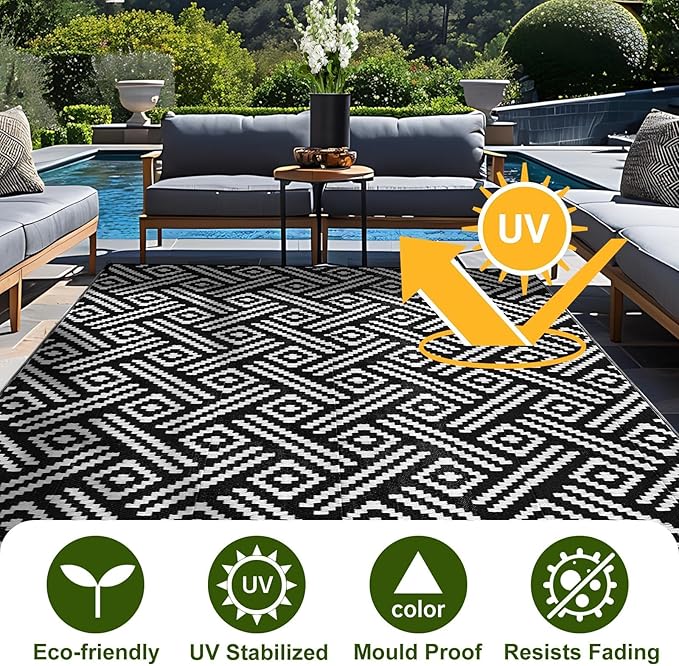 OPPODREAM Outdoor Rug 5x8 Ft, Waterproof Outdoor Plastic Straw Rug for Patio, Reversible Out Door Carpet for Camping, Deck, Rv, 5 x 8 Area Carpet for Balcony, Porch, Backyard, Black and White