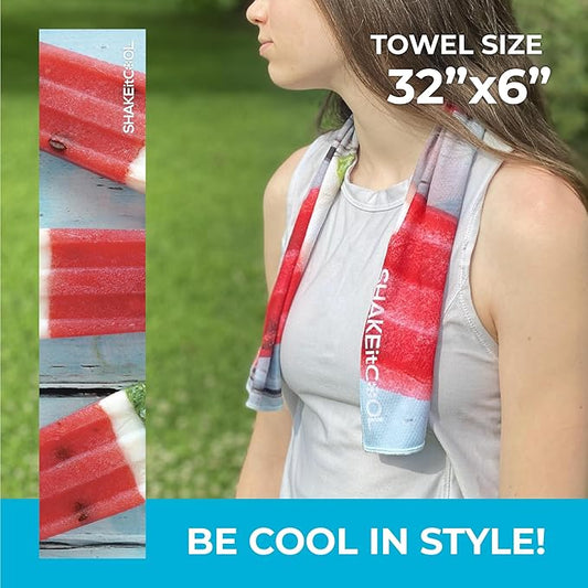 SHAKEitCOOL Original Cooling Towel – Be Cool in Style - Heat Relief, Soft, Lightweight, Sun Protection, Easy Clean - Perfect for Biking, Running, Yoga, Gym, Gardening - Watermelon