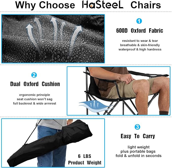 Foldable Camping Chair Set of 2, HaSteeL Folding Camp Chairs & Carrying Bags for Adults, Portable for Lawn, Outdoors, Fishing, Hiking, Travel, Picnic, Beach, Oversized & Supports 275lbs (Black & Blue)