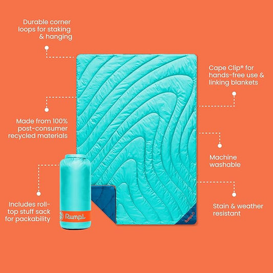 Rumpl Original Puffy Blanket - Warm Puffy Camping Blanket, 100% Recycled Polyester Insulation, Lightweight, Packable, Water-Resistant, Outdoor Puffer Blanket, 52"x75", V2, Seafoam