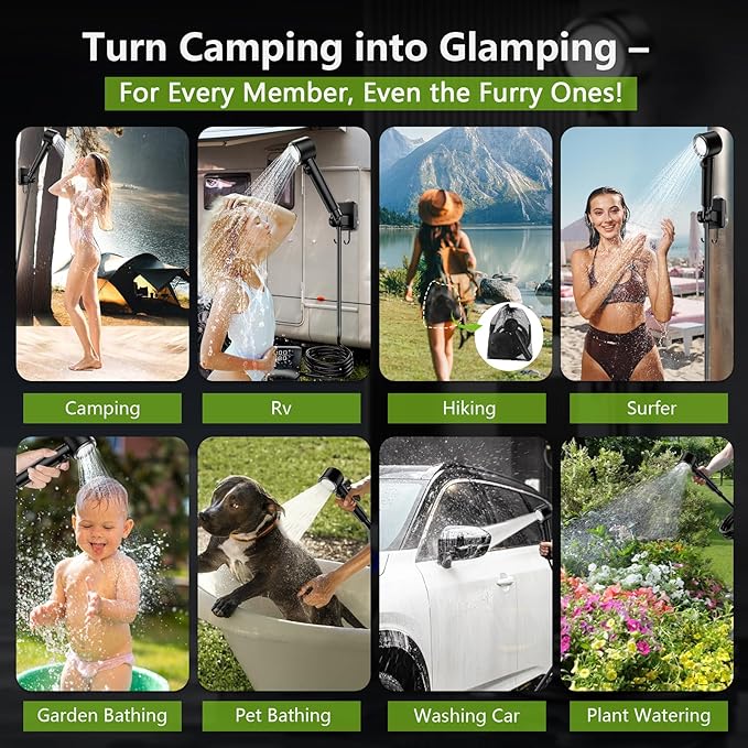 Portable Shower for Camping - 8000mAh Rechargeable Camping Shower with Filter,4 Spray Mode,Extra Long Hose,IPX8 Waterproof Outdoor Shower Pump Kit for Camping,Travel,Hiking,Beach,Car,Pet