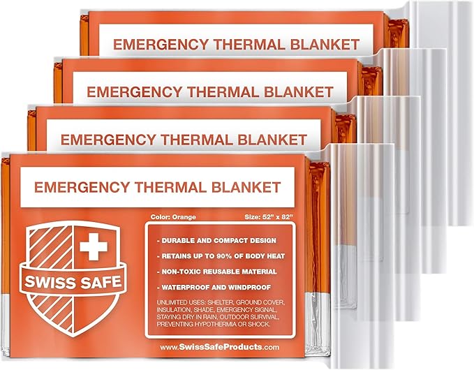 Swiss Safe Emergency Mylar Thermal Blankets + Bonus Space Blanket - Compact & Insulated for Cold Weather - Designed for NASA, Outdoor Camping, Survival, First Aid Car Kit - Orange, 4 Pack