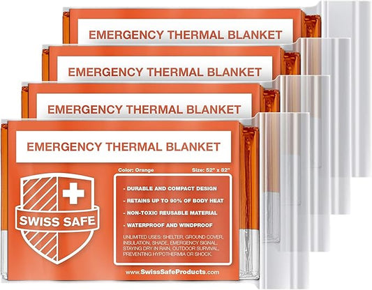 Swiss Safe Emergency Mylar Thermal Blankets + Bonus Space Blanket - Compact & Insulated for Cold Weather - Designed for NASA, Outdoor Camping, Survival, First Aid Car Kit - Orange, 4 Pack