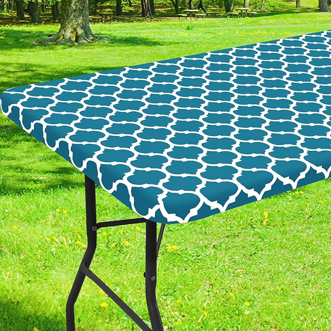 Smiry Rectangle Picnic Table Cover, Waterproof Elastic Fitted Camping Tablecloths for 5 Foot Tables, Wipeable Flannel Backed Vinyl Tablecloth Protector for Indoor, Outdoor (Turquoise, 36x60 Inches)
