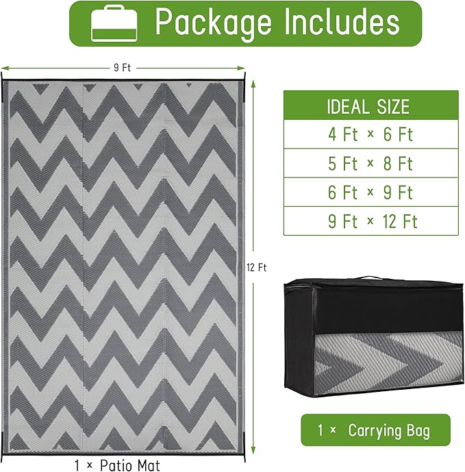 Easy-Going Reversible Outdoor Rugs 9x12ft Waterproof Plastic Straw Rug Stain & UV Resistant Floor Mat for Patio Porch RV Backyard Pool Deck Picnic Beach Trailer Camping (Waved Grey & Light Grey)
