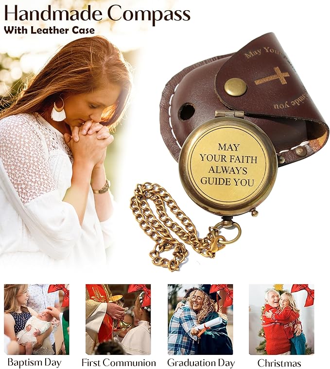 May Your Faith Always Guide You Engraved Working Compass with Leather Case Compass Religious Gift for Men & Women - Baptism, Confirmation, Communion Compass for Boys Graduation Gift