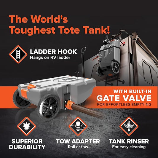 Camco Rhino 28-Gallon Portable Camper/RV Tote Tank | Features 2 Steerable No-Flat Front Wheels & Built-In Gate Valve | Includes Removable 24" Tow Bar, 3’ Sewer Hose & More RV Accessories (39005)