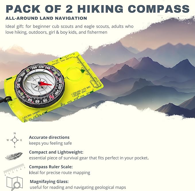Pack of 2 Orienteering Compass Hiking-Compasses boy Scout Kids- Magnetic Gear Set Navigation map- Brujulas orientacion-Backpacking Camping Hunting Survival.