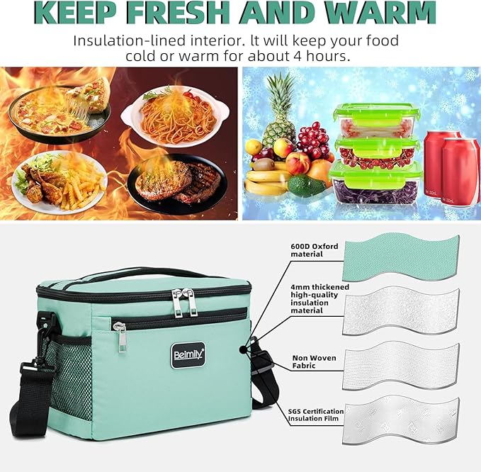 BEIMILY Lunch Box for Men/Women,Small Insulated Lunch Bag,Reusable LunchBox for work Picnic Hiking Beach,Leakproof Soft Cooler Tote Bag Organizer with Adjustable Shoulder Strap for Adults (Green Mint)
