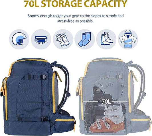 Unigear Ski Boot Bag, 70L Ski Boot Travel Backpack for Ski Helmet, Goggles, Gloves, Skis, Snowboard & Accessories（Blue）