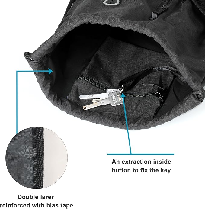Drawstring Backpack Sports Gym Bag for Women Men Large Size With Two Zipper Pockets and Water Bottle Mesh Pockets