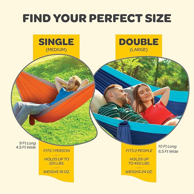 Durable Hammock 500 lb Capacity, Nylon Camping Hammock Chair - Double or Single Sizes w/Tree Straps and Attached Carry Bag - Portable for Travel/Backpacking/Beach/Backyard (Large, Black & Light Grey)