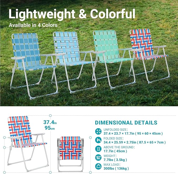 #WEJOY Folding Beach Chair for Adults, Lightweight Beach Chair with Shoulder Straps, High Back Beach Chairs with Hard Armrest, Supports 300lbs for Beach Lawn Concert