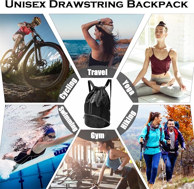 Sports Drawstring Backpack, Gym Bag with Water Bottle Holder Pockets, Shoe Compartment, Waterproof Pocket, Drawstring Bag for Women Men, Black