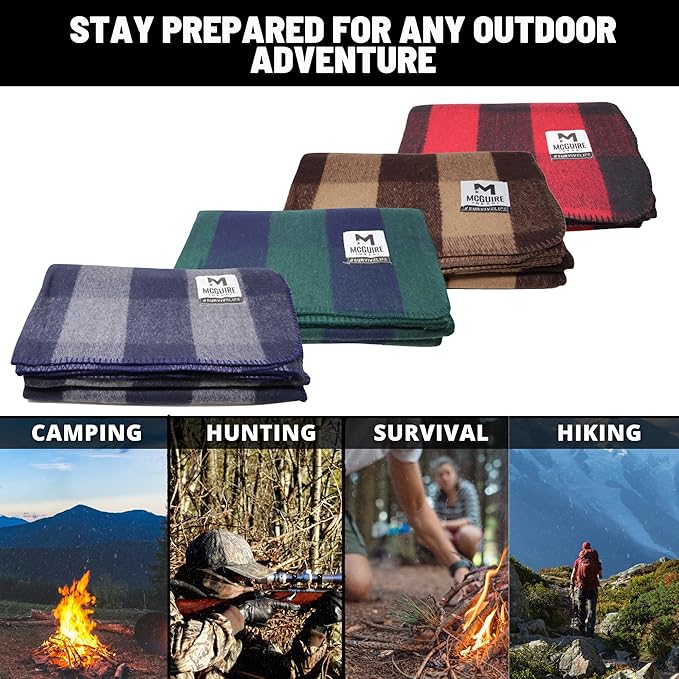 M MCGUIRE GEAR Warm Wool Bunkhouse Plaid Blanket for Camping, Home, Survival, or First Aid, 64" x 90" (Gray/Navy)