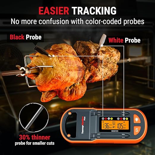 ThermoPro TempSpike Plus 600ft Wireless Meat Thermometer with 2 Color-Coded Probes, Bluetooth Meat Thermometer with LCD-Enhanced Booster, Meat Thermometer Digital for Oven Grill Smoker Thermometer