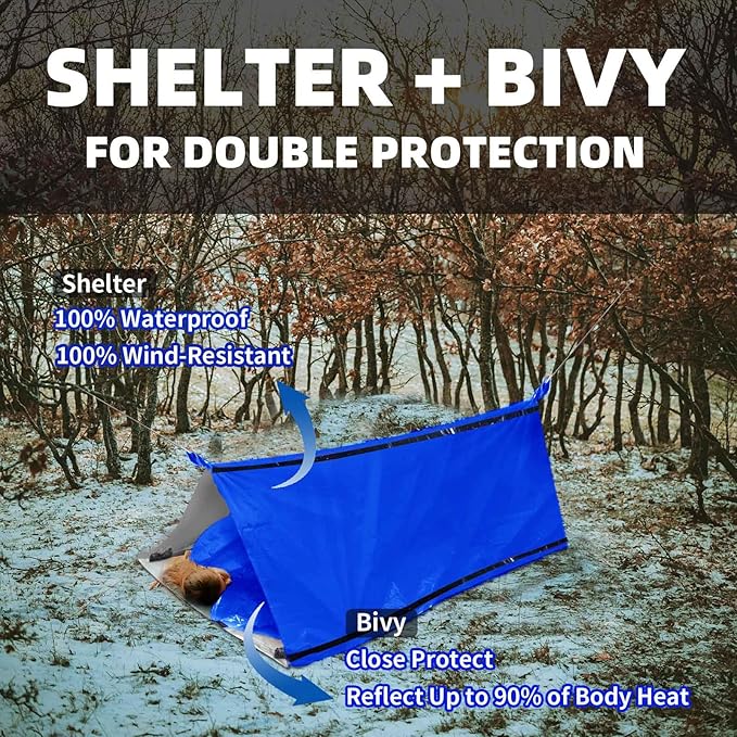 Frelaxy Emergency Tent Emergency Sleeping Bag Set, Survival Shelter & Emergency Bivy with Whistles, Paracord, Storage Pouches, and EVA Case, Perfect for Survival Kits