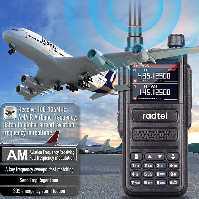 Radtel RT-470 10 Watt Tri-Band Radio 144-148/420-450/1.25M 256CH Air Band Walkie Talkie Long Range Handheld NOAA FM Radio Receive 2800mAh USB-C Battery.