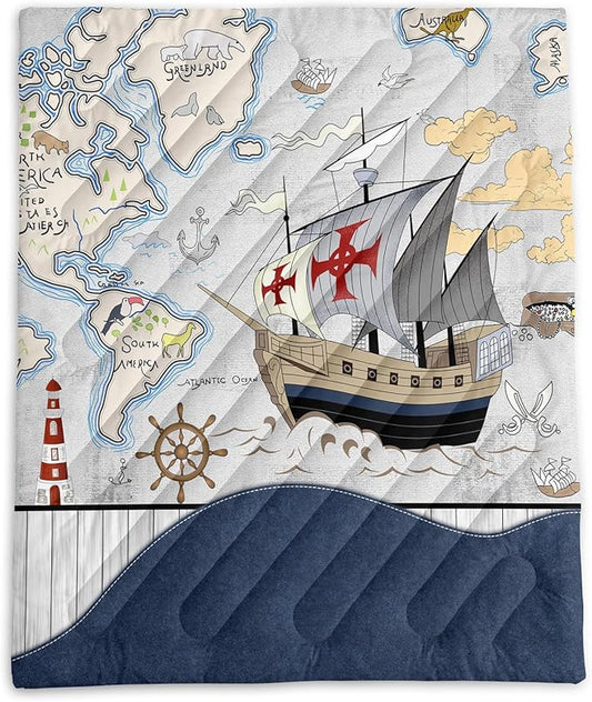 Axolotl Nautical Camping Blanket,Sailboat World Map Packable Outdoor Blanket,Sailing Anchor Lightweight Waterproof Camping Blanket,Ocean Themed Outdoor Blanket for Picnic Hiking Traveling Cold Weather