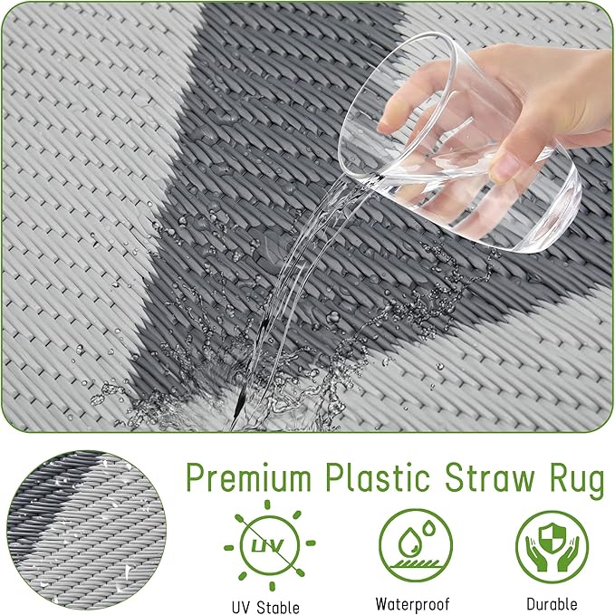 Easy-Going Reversible Outdoor Rugs 9x12ft Waterproof Plastic Straw Rug Stain & UV Resistant Floor Mat for Patio Porch RV Backyard Pool Deck Picnic Beach Trailer Camping (Waved Grey & Light Grey)
