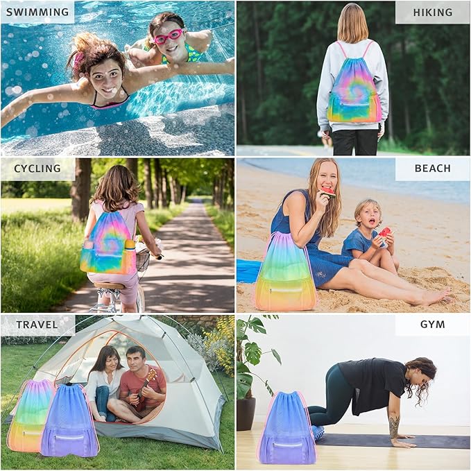 Mesh Drawstring Backpack, Large Sports Gym Bag for Women Kids with Pocket and Zipper Sackpack for Beach Yoga Football Soccer (Colorful)