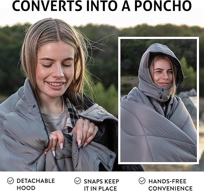 Waterproof Camping Blanket Large - Lightweight Backpacking Outdoor Travel Blanket With Detachable Hood & Carry Bag - Insulated Down Blanket & Warm Quilt for Camping, Hiking, Picnic, Stadium & festival