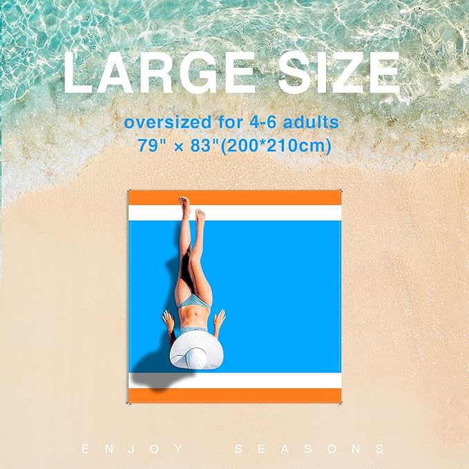 Beach Blanket, Waterproof Sandproof Beach Mat Oversized 79 X 83 Inch for 4-6 Adults, Lightweight Picnic Blanket, Portable Picnic Mat for Outdoor Travel Camping Hiking with 4 Stakes & 4 Corner Pocket