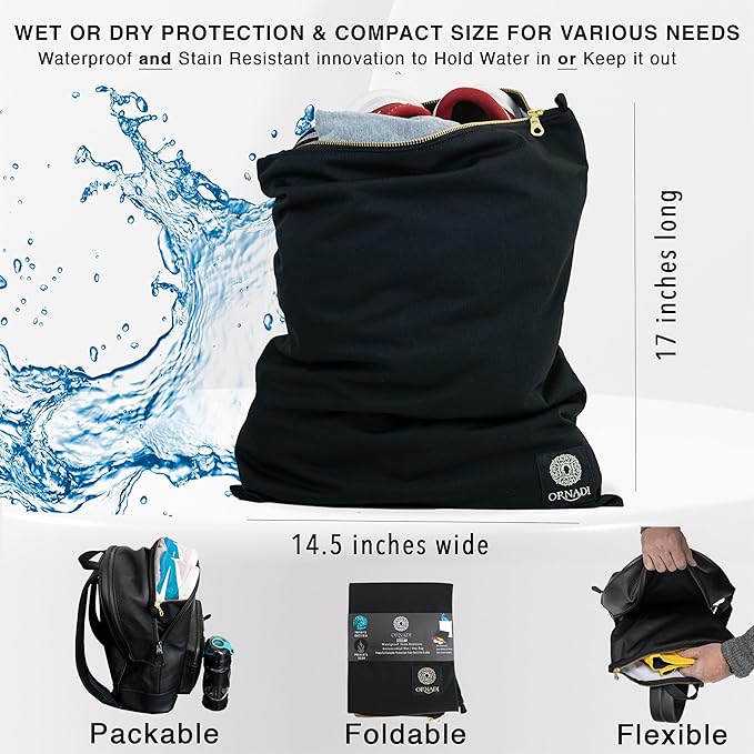 Wet Gym Clothes Bag Waterproof Antimicrobial Sack Inhibits Bacteria & Odor from Dirty Laundry, Swimsuits, Sweaty Shoes for Smell Proof Travel 14 X 17.5" Made in USA by Ornadi