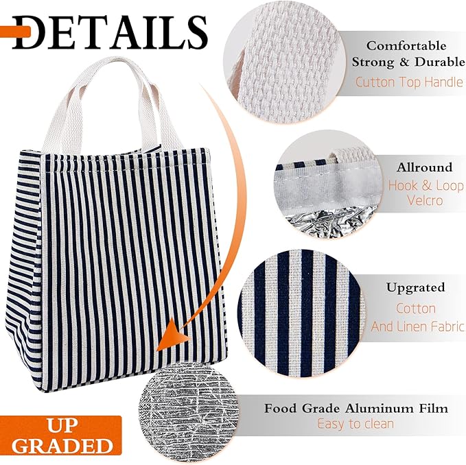Lunch Bag Insulated Lunch Box for Women Men,Reusable Adult Lunch Tote Bags for Work or Travel (Striped Blue)