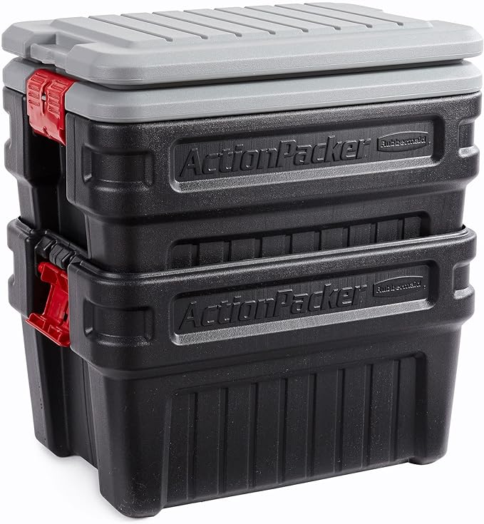 Rubbermaid ActionPacker️ 24 Gal Lockable Storage Box Pack of 2, Outdoor, Industrial, Rugged, Grey and Black