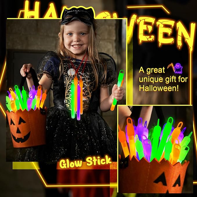 Lewtemi 100 Pack 4'' Halloween Glow Sticks Bulk Light Sticks with Lanyard Individually Wrapped Tactical Military Emergency Glow Stick Party Favors for Halloween, Camping, Hiking, Party