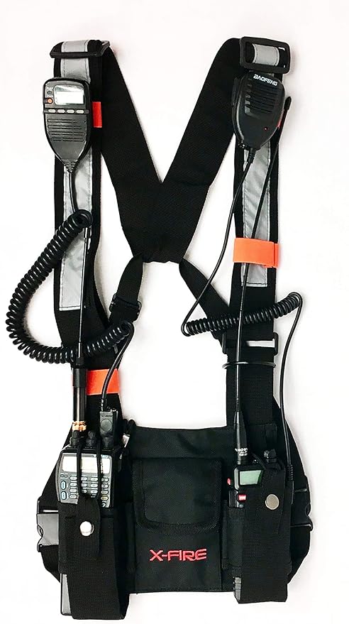 X-FIRE® Updated Dual Portable Radio Chest Rig Harness for Two-Way Radios w/ 3m Reflective. Now with Larger Radio Pocket