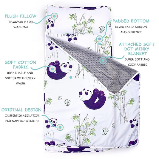 JumpOff Jo - Toddler Nap Mat - Sleeping Bag for Kids with Removable Pillow and Ultra Soft Blanket for Preschool, Daycare, and Sleepovers - Playful Pandas