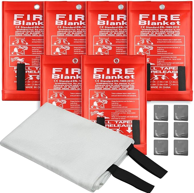Emergency Fire Blanket, 40"x40" Fiberglass Suppression Fire Retardant Blankets for Home, Kitchen, Camping, Grill, Car, Office, Warehouse with Hooks(6 Pack)