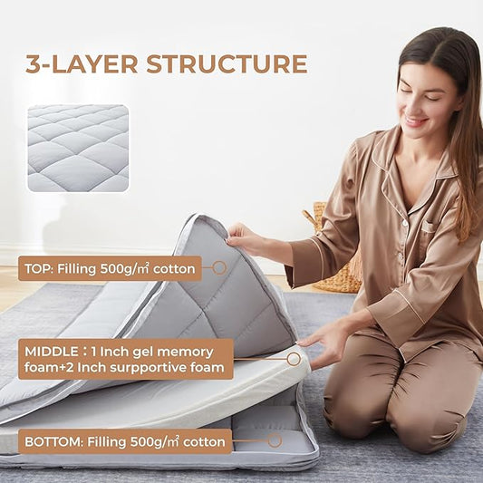 4Inch Cot Mattress Topper,Twin Gel Infused Memory Foam,Machine Washable Cotton Cover,Roll Up Floors Mat,Portable Folding Sleep Pad(75 X 38“)