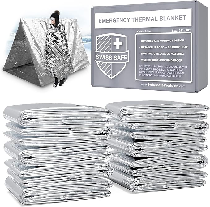 Swiss Safe Emergency Mylar Thermal Blankets + Bonus Space Blanket - Compact & Insulated for Cold Weather - Designed for NASA, Outdoor Camping, Survival, First Aid Car Kit - Silver, 10 Pack