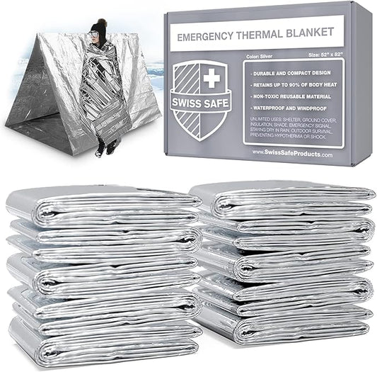 Swiss Safe Emergency Mylar Thermal Blankets + Bonus Space Blanket - Compact & Insulated for Cold Weather - Designed for NASA, Outdoor Camping, Survival, First Aid Car Kit - Silver, 10 Pack