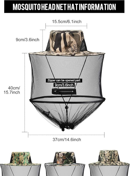 4 Pieces Mosquito Head Mesh Mosquito Cap Net Hat Face Cover with Zipper Foldable Fly Protection Netting Hat for Outdoor Fishing Hiking Gardening