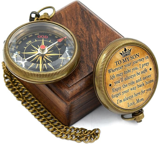 to My Son Compass with Wooden Box-Mom to Son Compass–Father to Son Gifts- to My Grandson -Graduation Day Gifts for Son-Birthday, Baptism, Graduation, Confirmation, Communion Compass for Women Men
