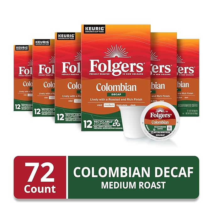 Folgers Colombian Decaf Medium Roast Coffee, 72 Keurig K-Cup Pods