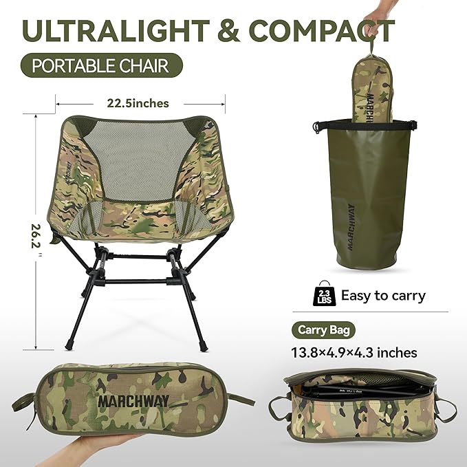 MARCHWAY Ultralight Folding Camping Chair, Heavy Duty Portable Compact for Outdoor Camp, Travel, Beach, Picnic, Festival, Hiking, Lightweight Backpacking (Camo)