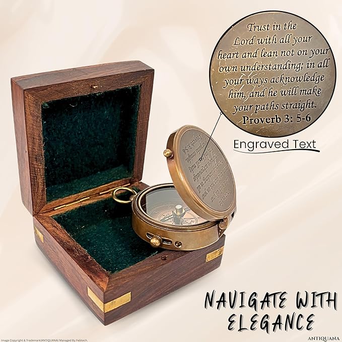 Trust in The Lord with All Your Heart - Proverbs 3:5-6 Quote Engraved Compass with Wooden Box or Leather case, Greeting Card, Gift Compass, Graduation Day Gifts 2025 for Women Men Boys Girls
