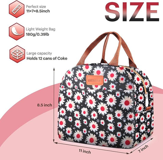 Lunch Bag for Women & Men Adult Insulated Lunch Box, Small Leakproof Cooler Food Lunch Containers Reusable High Capacity Lunch Tote Bags for Work, Travel, Outdoor (Red Flower)