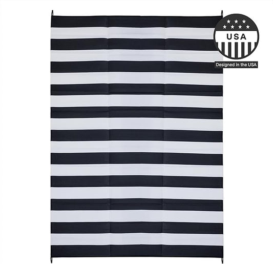 FH Home Outdoor Camping Rug - Waterproof, Fade Resistant, Reversible - Premium Recycled Plastic - Striped - Picnic, Patio, Deck, Sunroom, RV - Brittany Stripe - Black & White - 4 x 6 ft Foldable