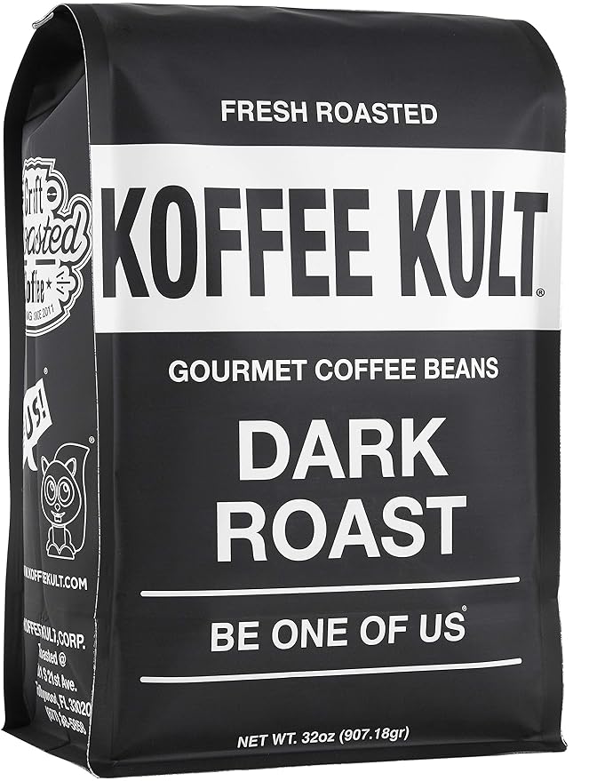 Koffee Kult Dark Roast Whole Bean Coffee, Small Batch 100% Arabica Gourmet Blend, Smooth and Well Balanced, Artisan Roasted in 32oz, Resealable Package.