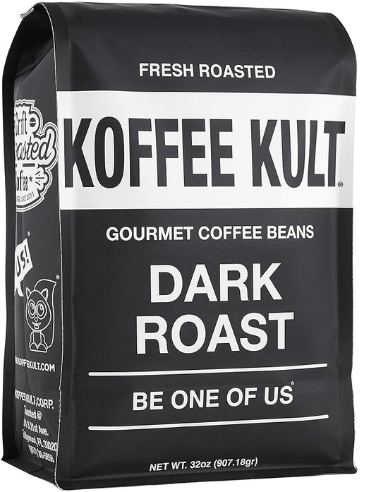 Koffee Kult Dark Roast Whole Bean Coffee, Small Batch 100% Arabica Gourmet Blend, Smooth and Well Balanced, Artisan Roasted in 32oz, Resealable Package.